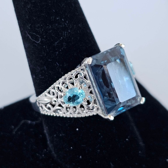 Natural London Blue Topaz Ring With Neon Apatite Accent Stones Size 9.5 - Picture 4 of 8